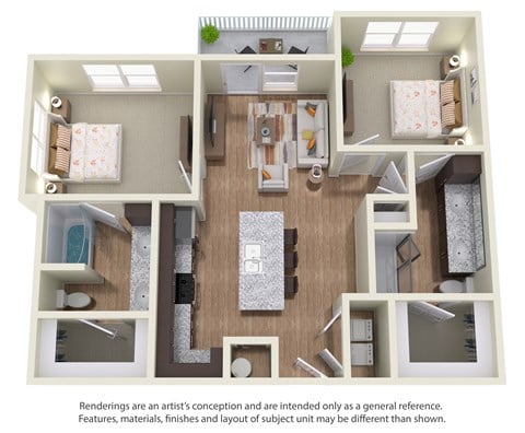 Floor plan for 2 beds, 2 baths, 978 sqft